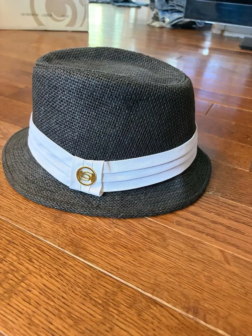 Bebe Black Straw Fedora Hat OS White Band Gold Logo